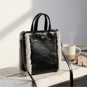 DKNY North South Crossbody Black Faux Leather Mini Tote with Sherpa Trim